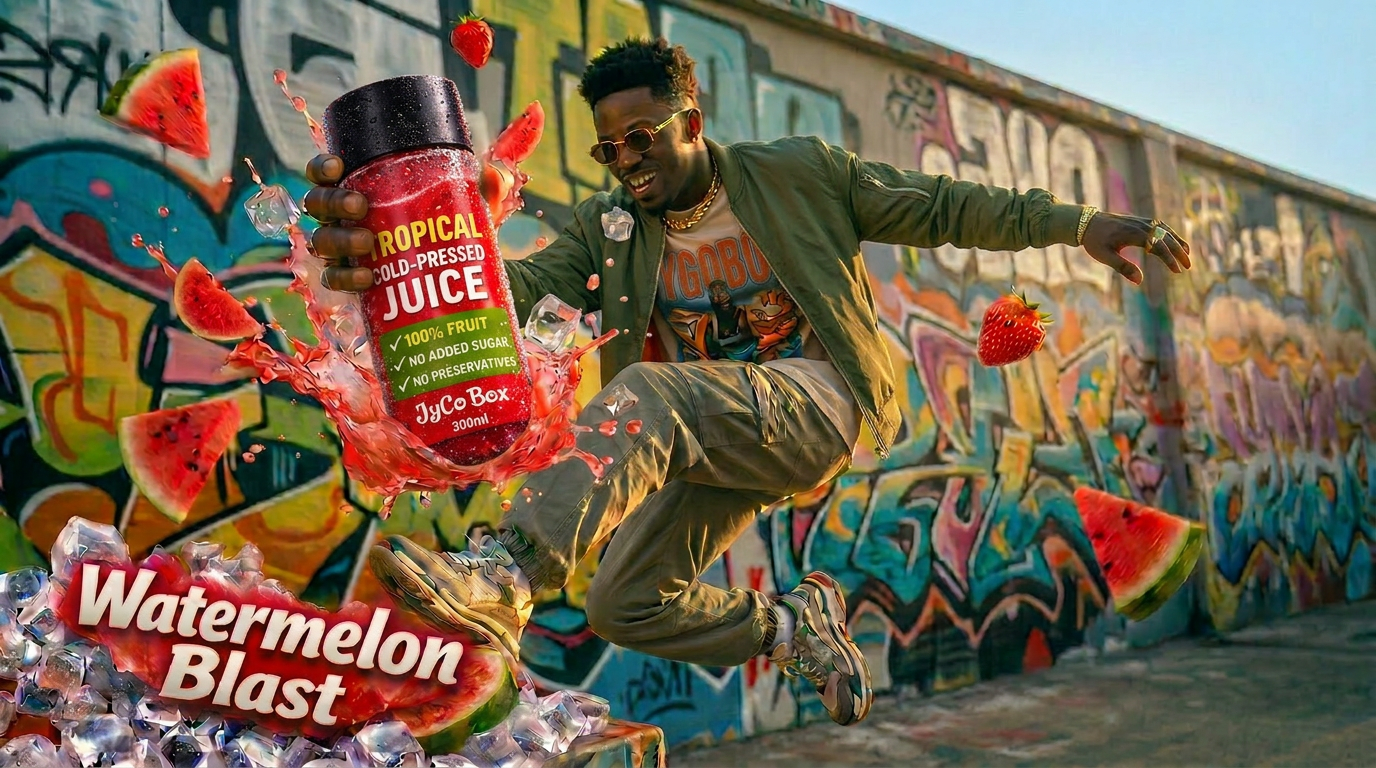 A young man in a green bomber jacket holding a JycoBox watermelon juice bottle in front of an Afro-themed graffiti wall